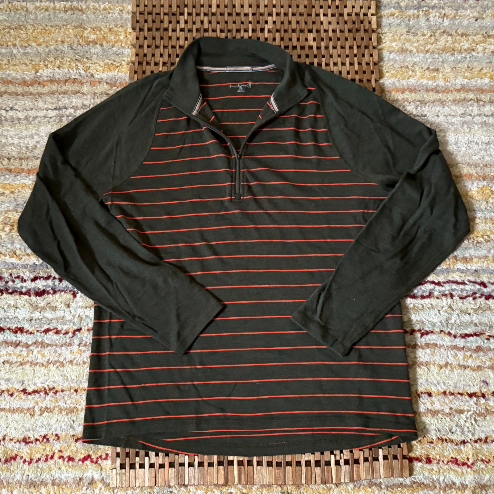 Smartwool Merino Wool Striped 1/4 Zip Base Layer Sweater Black Brown XL