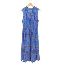 Roller Rabbit Amanda Friday Smocked Midi Dress Blue Floral Silk Cotton Large