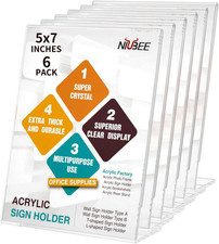 6Pack Slant Back Acrylic Sign Holder 5X7 Inches, Clear Vertical Picture Frames F