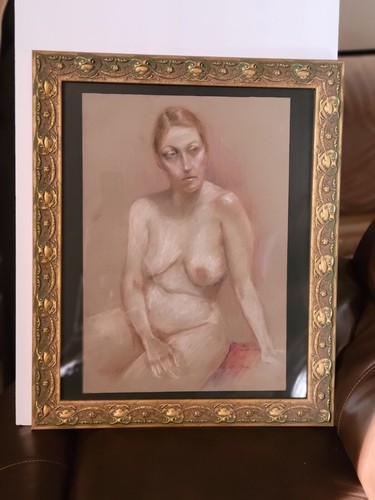 Dipinto olio pastello originale nudo femminile ritratto in cornice oro ornata - fine ar - Foto 7 di 8