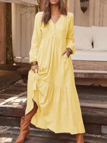 Womens Long Sleeve V-Neck Kaftan Casual Loose Baggy Oversize Maxi Dress Gown - Picture 10 of 17
