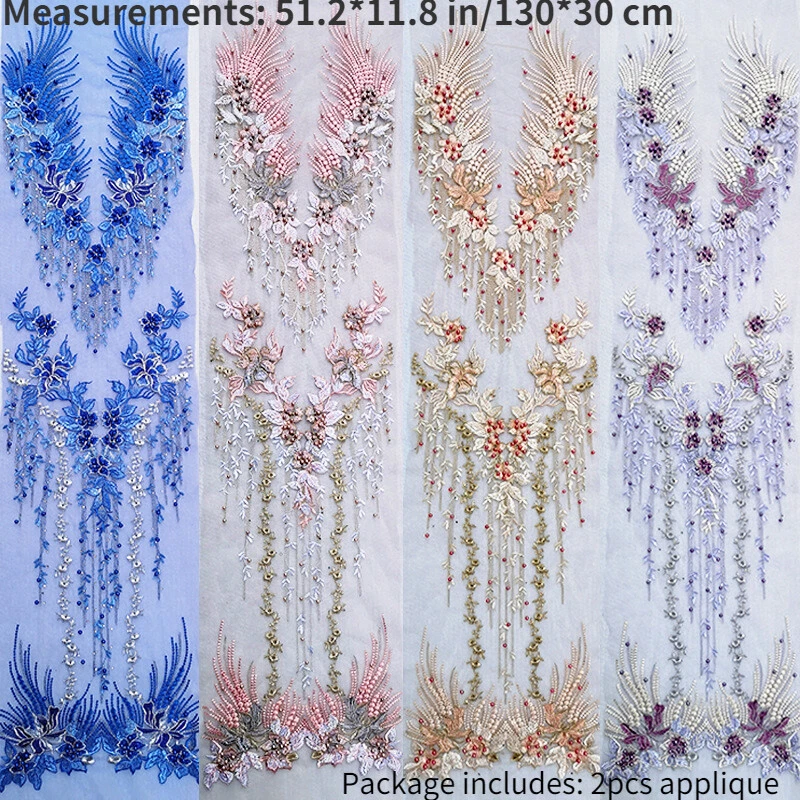 2x Long Embroidery Lace Appliques Patch Faux Pearl Beading Flower Clothing Shiny - Image 2 of 4