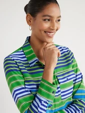 Scoop Women's The Ultimate Button Down, Size XS Green Multiple Stripe --Q5--