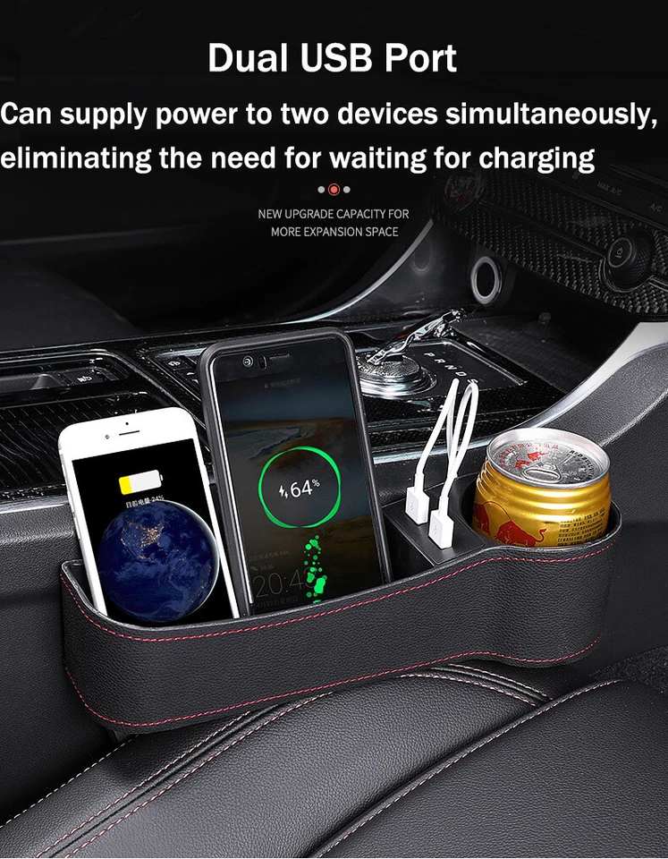 Car Right Side Seat Gap Storage Box Crevice Organizer Dual USB Cup Holder Black - Image 4 of 4