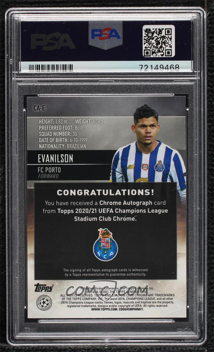 2020-21 Topps Stadium Club Chrome UCL Autographs Evanilson PSA 10