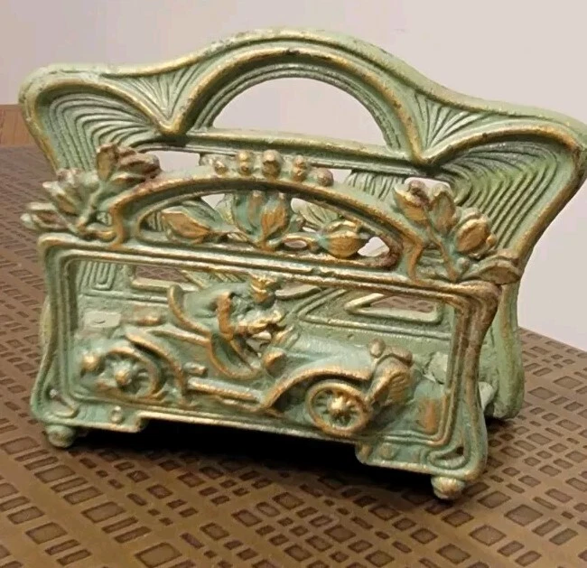 Vintage Art Deco Painted Green Wrought Iron Letter /napkin Holder With Race Car  - Image 4 of 4