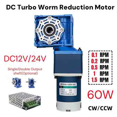 DC12V/24V 60W Two Stage Worm Gear Reducer Gearbox Motor Gearmotors Large Torque
