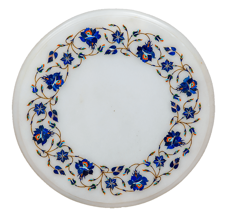 12 Inch White Marble Corner Table with Lapis Lazuli Floral Inlay Handicraft