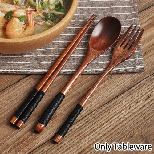 3Pcs/Set Handmade Japanese Style Natural Spoon Fork Wooden Fast Chopsticks B8C0