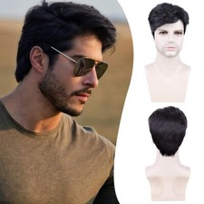 Men Short Brown Wig Natural Fluffy Synthetic Hair Wig Heat Resistant for Cosplay