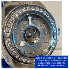 50mm TOURBIlLON METEORITE | White Topaz | LE#21/50| Slvrtn Bracelet ARAGON Watch