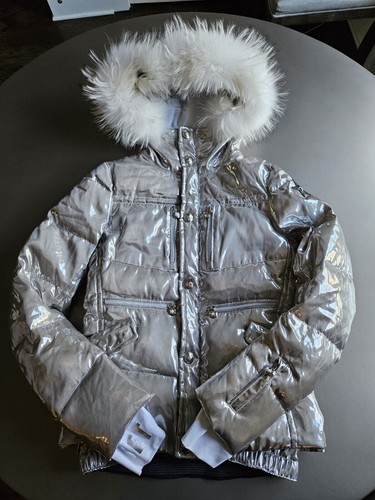 Jet Set Metallic Silver Ski Jacket W/ Fur Hood; Size 2 (Small); Made in Italy! - Picture 6 of 16