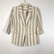 NEW Chicos Stripe Linen Blazer 109 Women 3/4 Sleeve Neutral Jacket Sz 0 Small