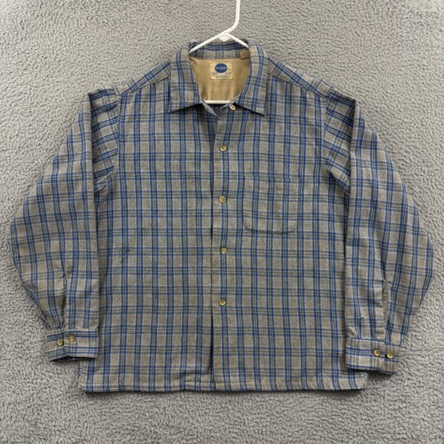 Vintage Sears Pilgrim Shirt Men Large Blue Plaid Loop Collar 60s Long Sleeve USA