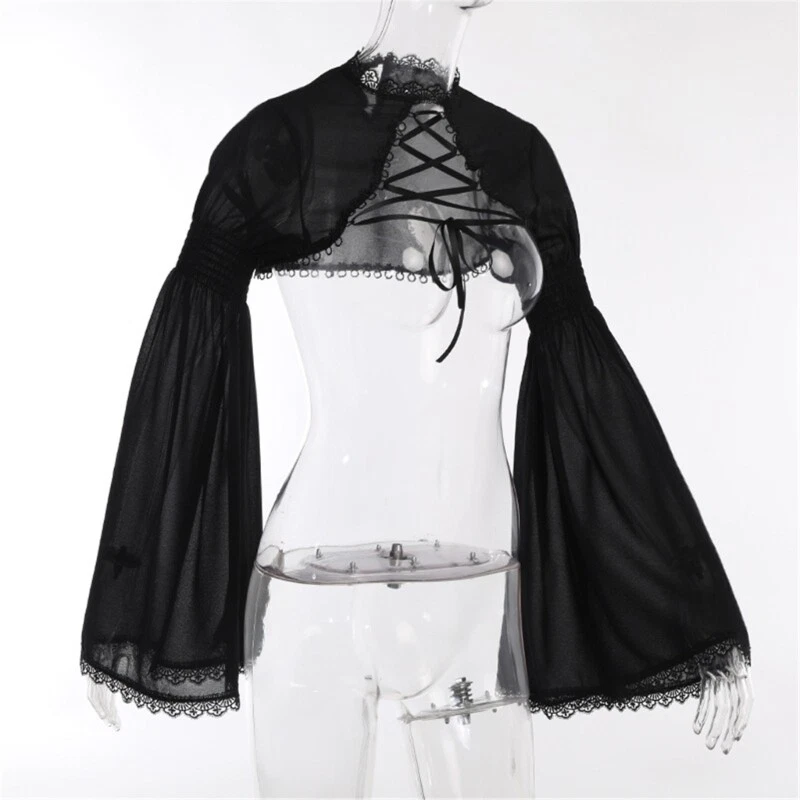 Gothic Lace Tie Belt Vintage Shrug Shirts Long Sleeve for