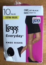 L'eggs Brand Everyday Nylon Knee Highs Stockings Sheer Toe, 10 Pack Jet Black