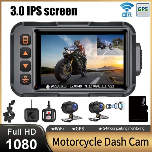 3"Motorcycle DVR Dash Cam Front & Rear Dual Camera GPS WiFi 24HR Parking +64GB