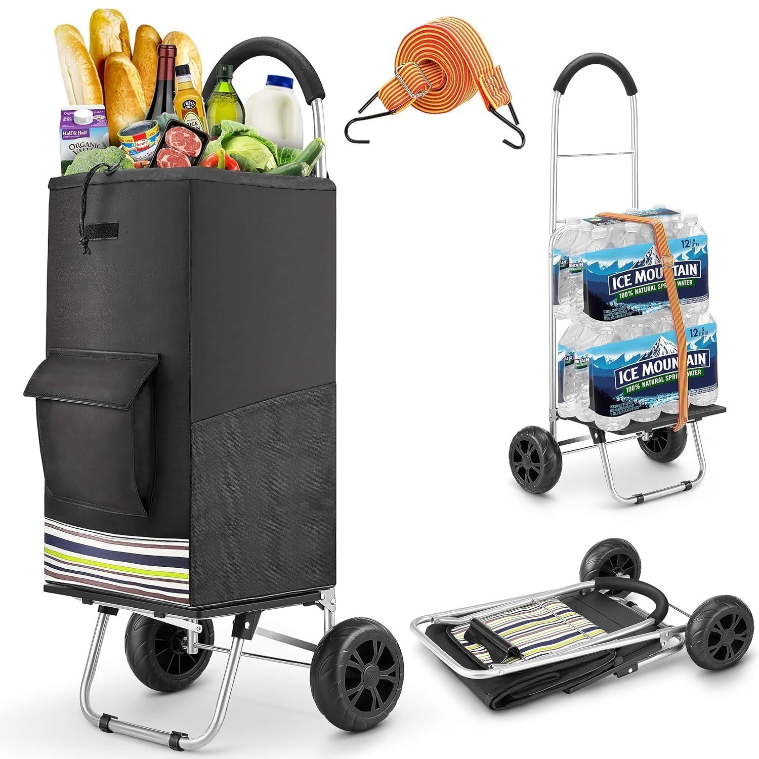 Carrito de compras plegable grande de 2 ruedas con bolsillo delantero aislado 75L