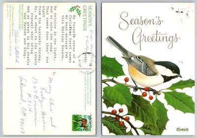 1991 National Wildlife Federation Christmas Postcard Chuck Ripper Chickadee