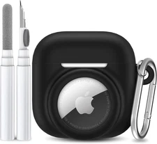 2 in 1 Silicone Case Compatible with AirPod 4 and AirTag, Shockproof Black 