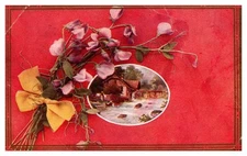 postcard Floral design with oval picture of country farmhouse c1910 B0620