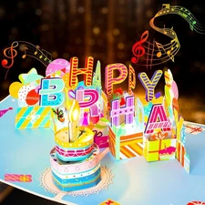 3D Musical Birthday Pop Up Card, Blow Out LED Light Candle & multicolored 