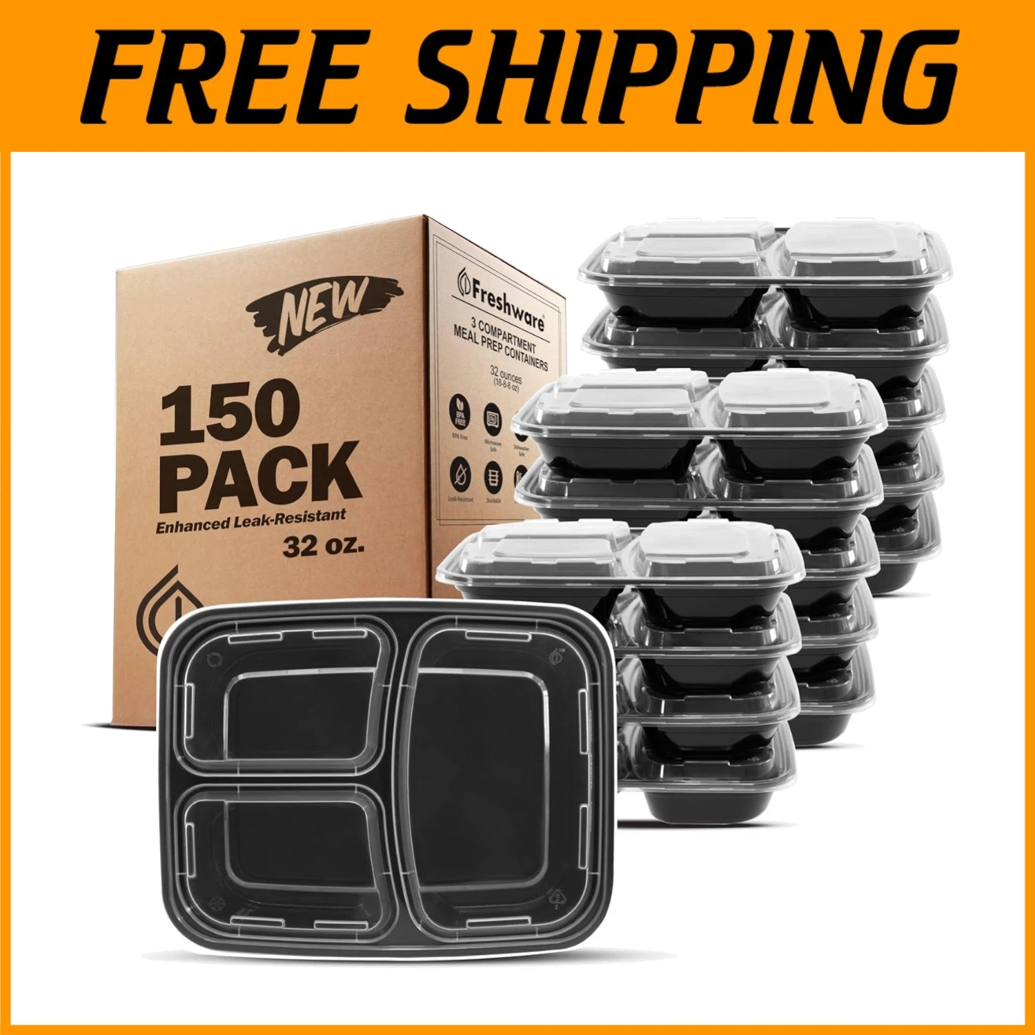 150-Pack 3 Compartment Meal Prep Containers