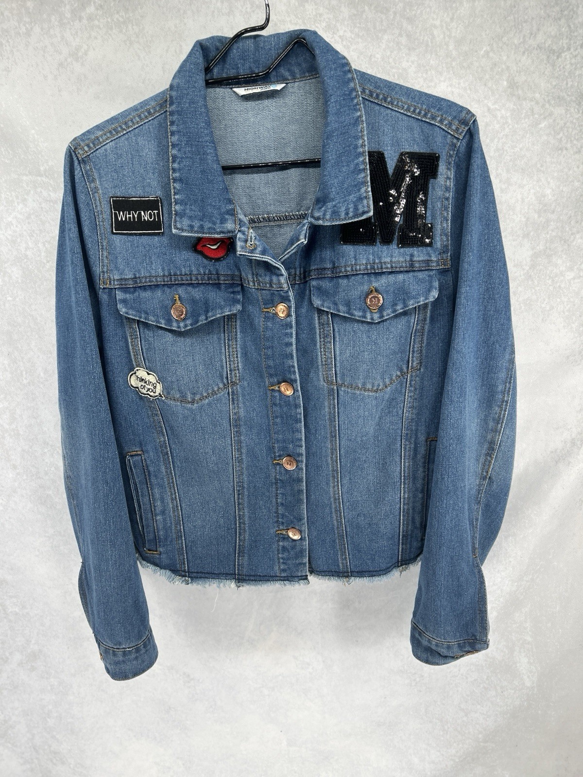Highway Patchwork Cropped Jean Jacket Juniors XL … - image 1