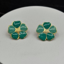 Gold-Tone Teal Enamel Flower Stud Earrings Retro Spring Chic