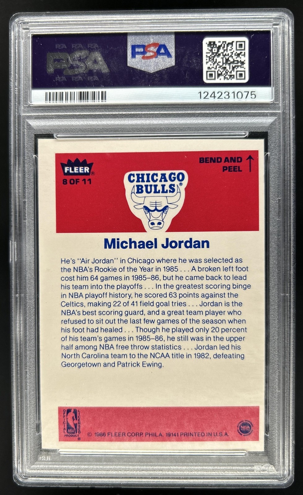 1986-87 Fleer Michael Jordan Stickers Rookie RC #8 Bulls PSA 9 OC view 2