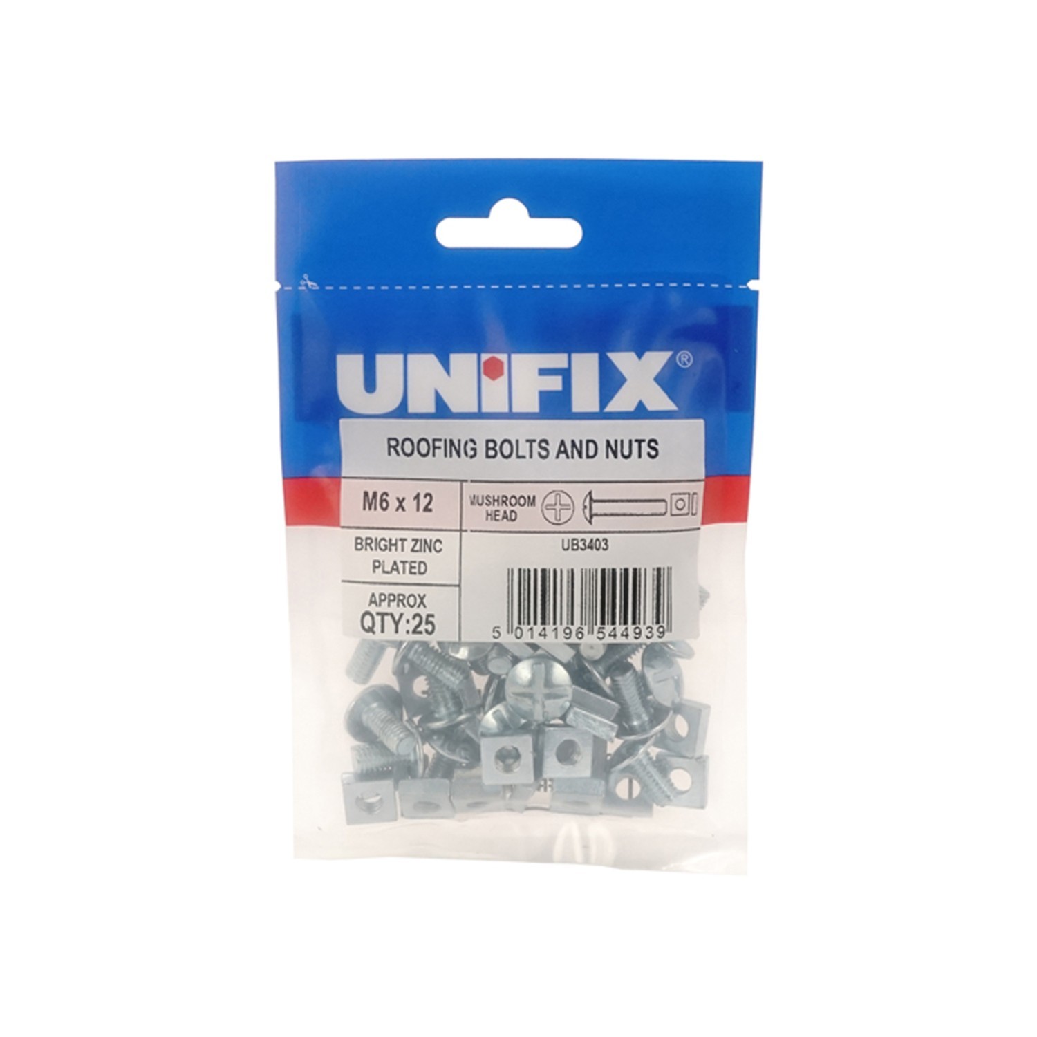 Unifix Mushroom Head Roofing Bolts And Nuts Bzp - M6 x 40 - Box of 125