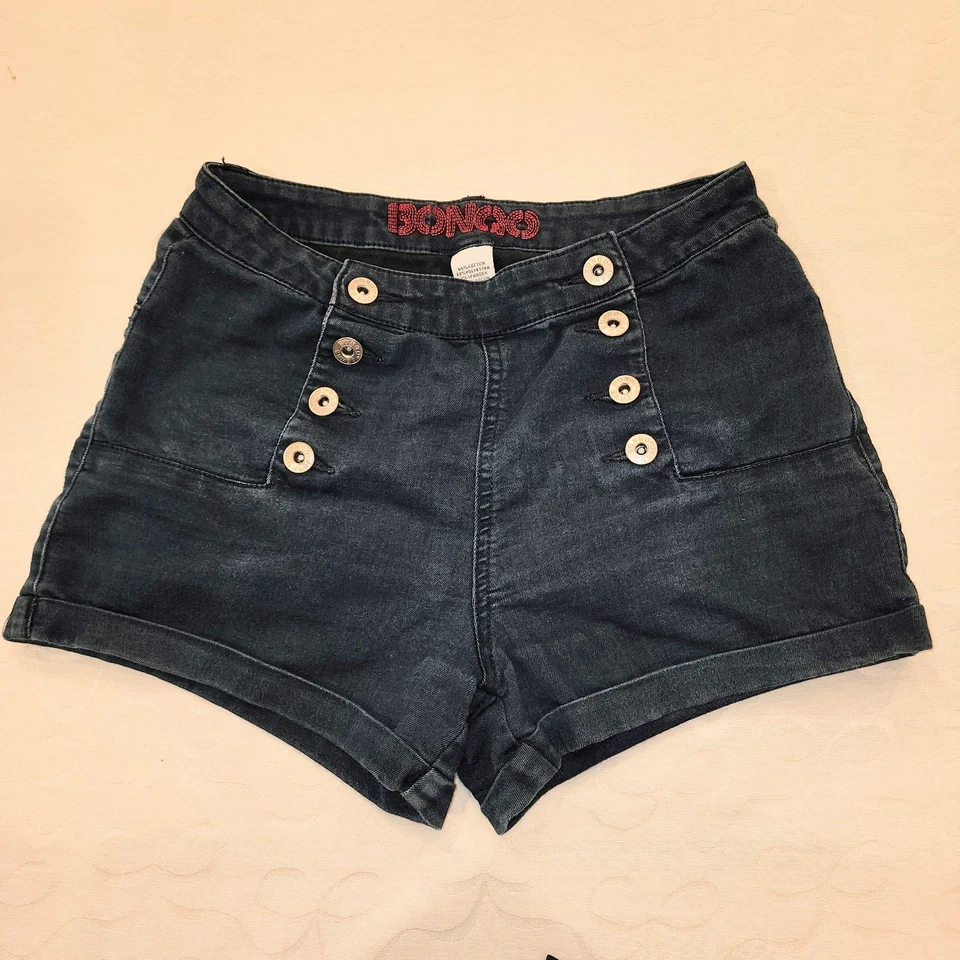 Y2K 复古 Bongo 高腰水手短裤女式 3 深水洗牛仔纽扣门襟 — 第 2/4 张图片