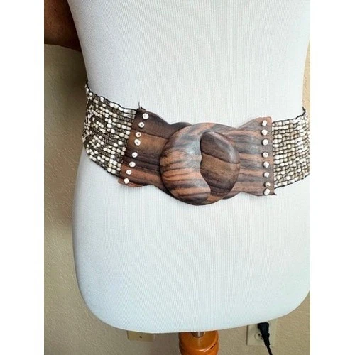 Womens Boho Wide Multi Strand Wooden Bead Waist Statement Belt Brown Size Small Simplee Bohemian Braided Waist Belt with Wooden Beads  main image 4