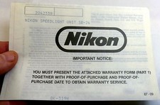 Nikon Speedlight unit SB-24 Flash warranty card vintage