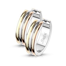 Pair of Hoop Earrings Triple Dome 3-Tone Stainless Steel Hinge Action 20g