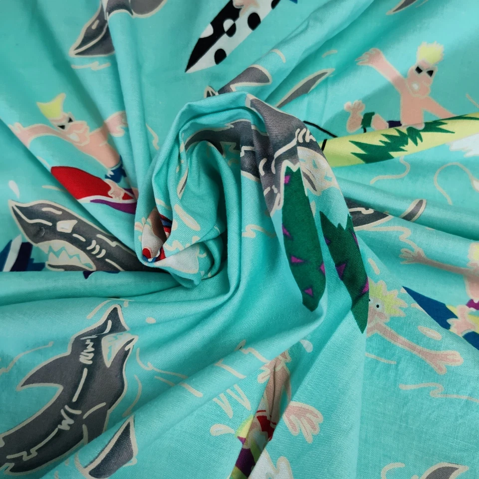 Henry Alexander Vintage Cotton Fabric 2yd Blue Shark Surfer Print Quilting Weigh - Image 2 of 4