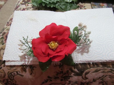 Red Rose Hair Fascinator With Leaves And Small White Flowers On A