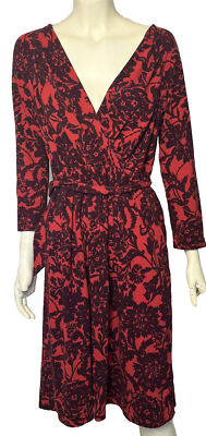 Lands' End Faux Wrap Dress 6 8 Red Floral Stretch Cotton Contemporary Classic