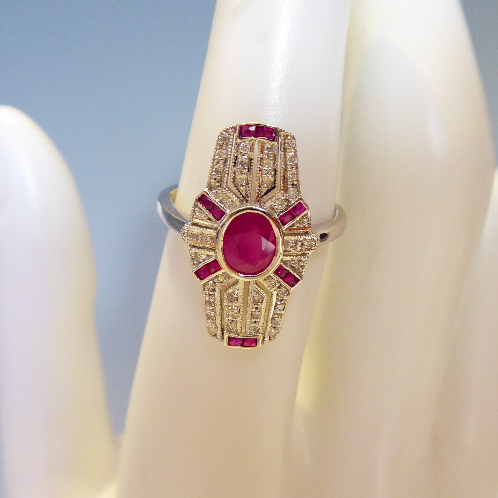 SOLID 9CT WHITE GOLD DIAMOND & RUBY ART DECO DESI… - image 4