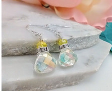 Faceted Yellow AB Crystal Teardrop Silver Dangle Earrings, Ladies Bridal Earring