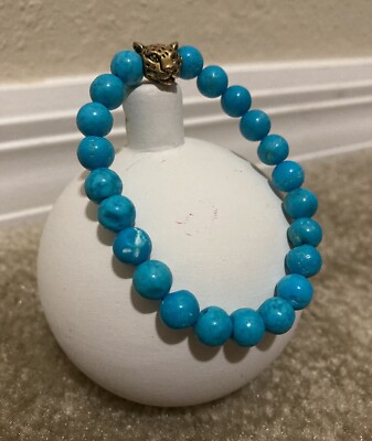 Blue Bracelet Handmade Jaguar Charm Natural Gemstone Bead Unisex Elastic Jewelry