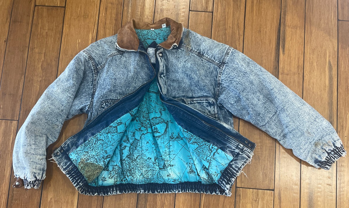 Vintage 80s Jean Bomber Acid Wash Jacket Mens Size L Leather