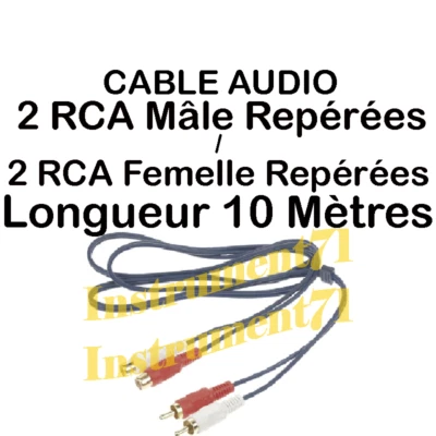 Câble 2 RCA Mâle vers 2 RCA Femelle Fiches Surmoulées Dorées Longueur 10 Métres - Photo 1/2