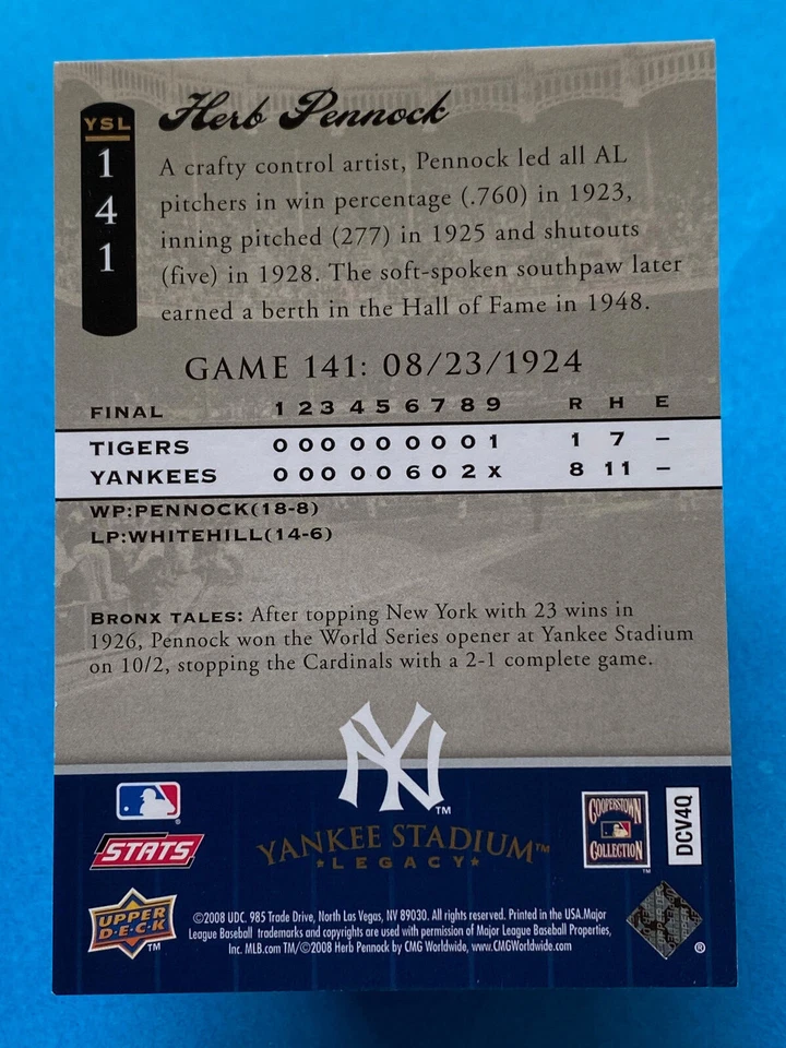 2008 Upper Deck Yankee Stadium Legacy Herb Pennock #YSL141 - Image 2 of 2