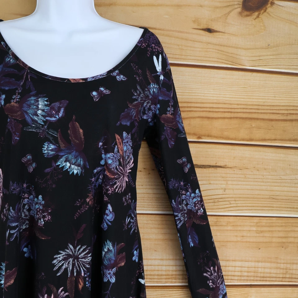 Vestido Mudd Manga Larga Mujer Talla M Negro Floral Tirantes Espalda Acento Elastizado Suave Foto 4 de 4