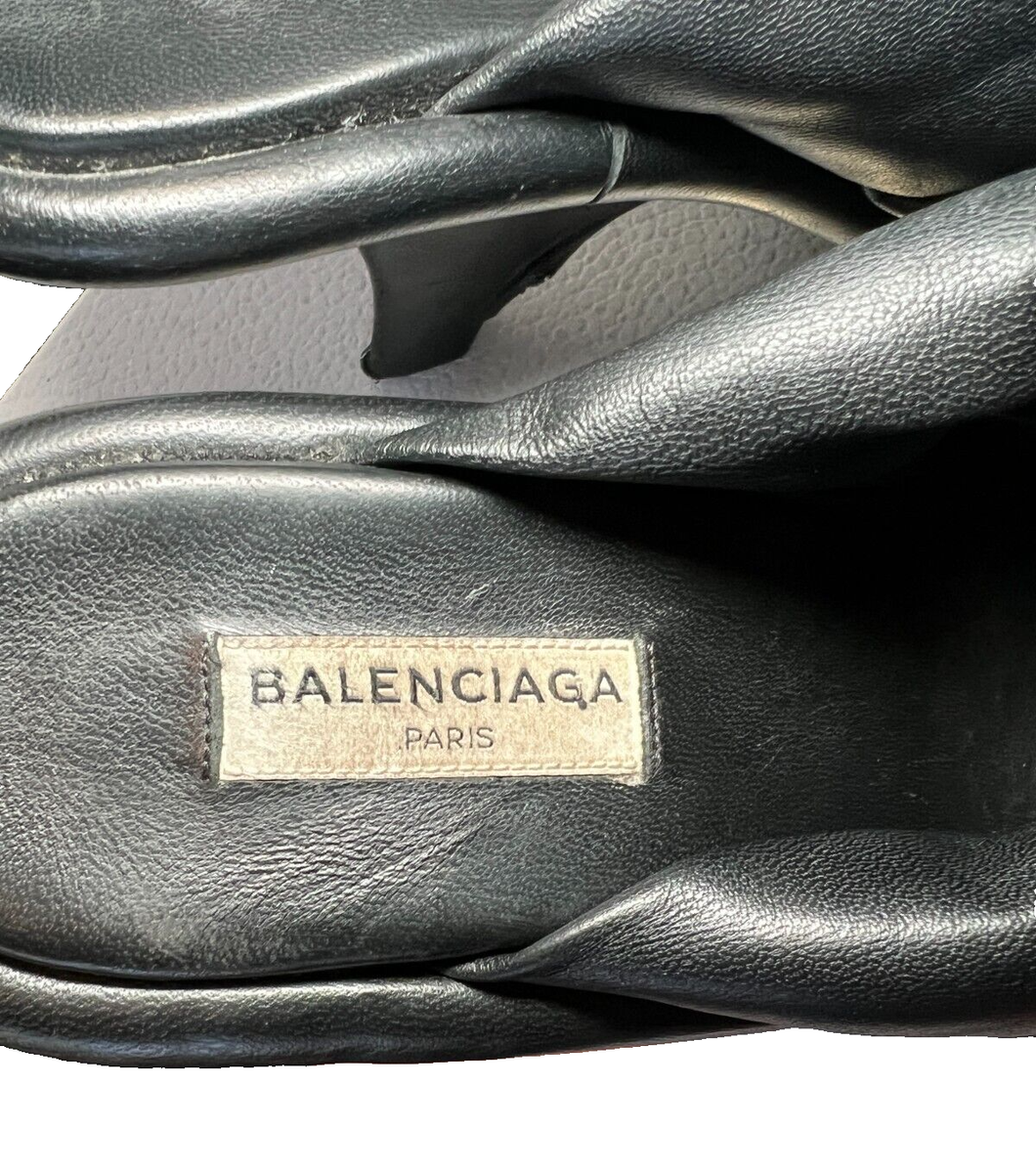 BALENCIAGA AW パンプス ブラック系 Made In Italy BALENCIAGA Black Puffy Leather Open Toe Sandals, Wedge Heels