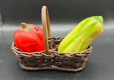 VINTAGE RED PEPPER AND CUCUMBER VEGETABLE SALT AND PEPPER SHAKERS IN BASKET