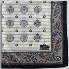 Vintage Handkerchief Geometric  Border Paisley Cream Cotton Pocket Square 17"