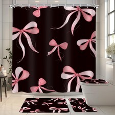 4 PCS Black Pink Ribbon Bow Shower Curtain Set Girly Bathroom Set Rugs Mat