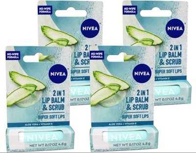 4 Pack Nivea 2in1 Lip Balm & Scrub Soft Lips, Aloe Vera + Vitamin E, 0.17 oz